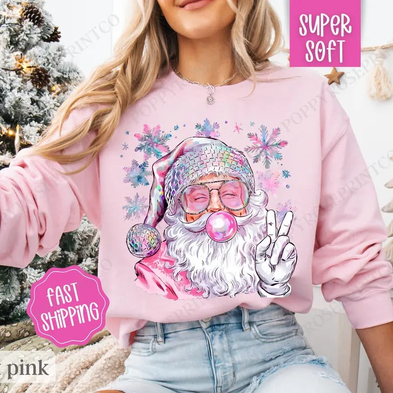Sparkle Santa Sweatshirt, Preppy Christmas Crewneck,  Womens Holiday Sweater T-Shirts, Hoodie | TeeBloomCo.com