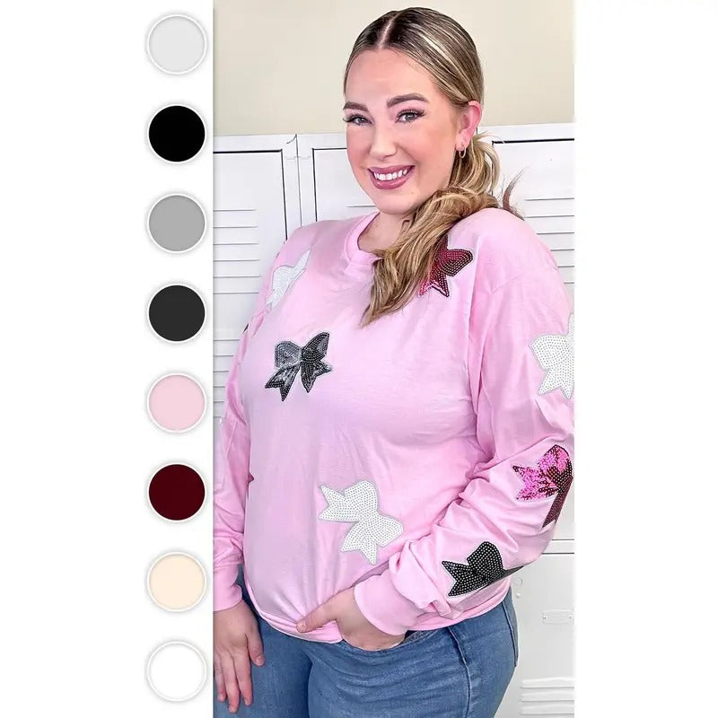 Sparkle Sequin Bow Graphic Long Sleeve T-Shirt Hoodie, Sweatshirt | TeeBloomCo.com