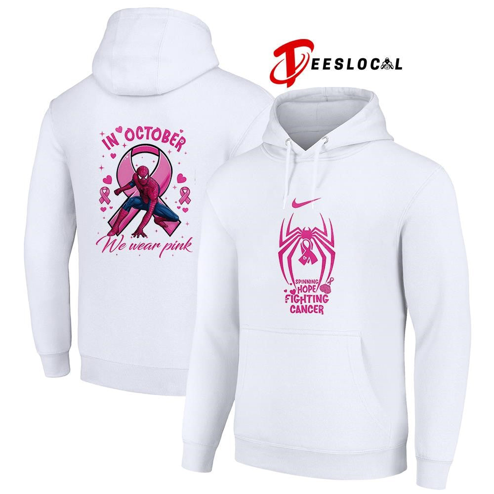 Spider Man spining hope fighting cancer in october we wear pink graphic shirt