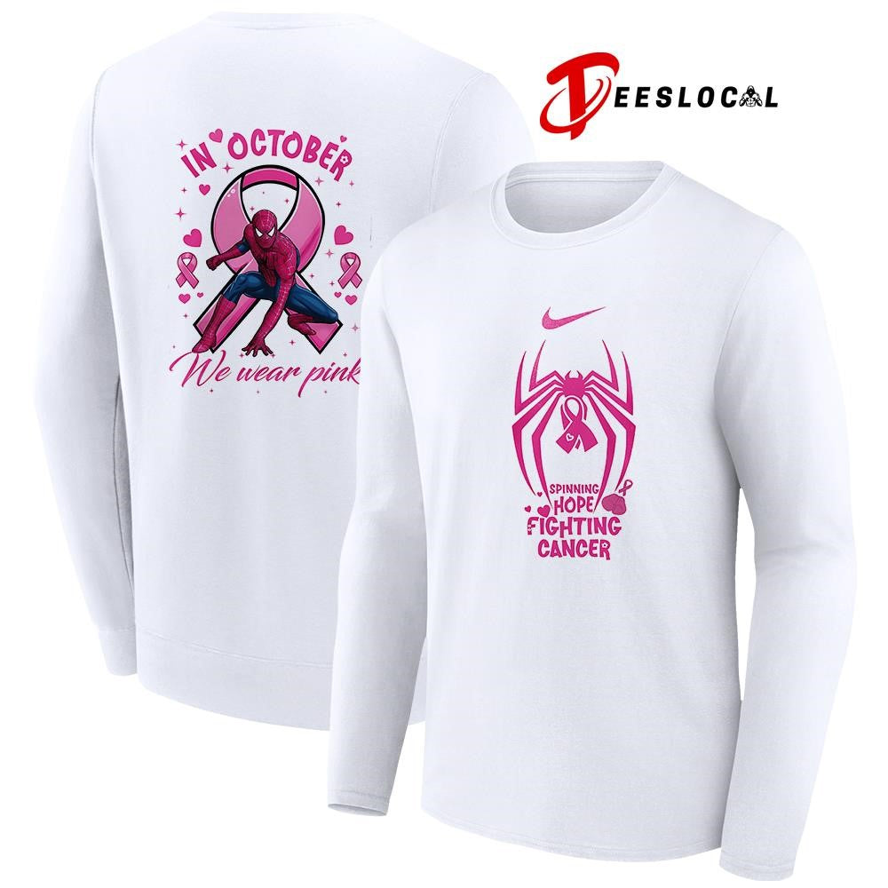 Spider Man spining hope fighting cancer in october we wear pink graphic shirt