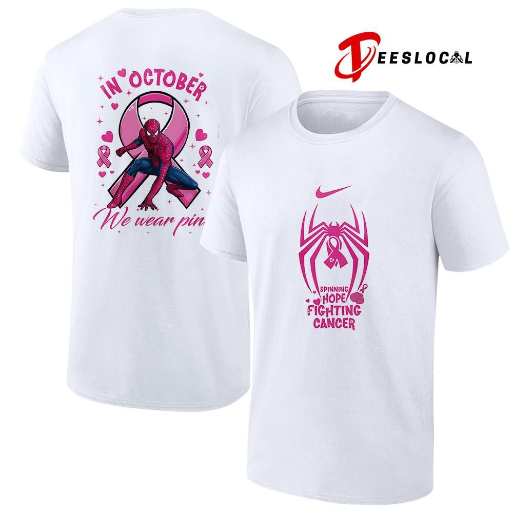 Spider Man spining hope fighting cancer in october we wear pink graphic shirt