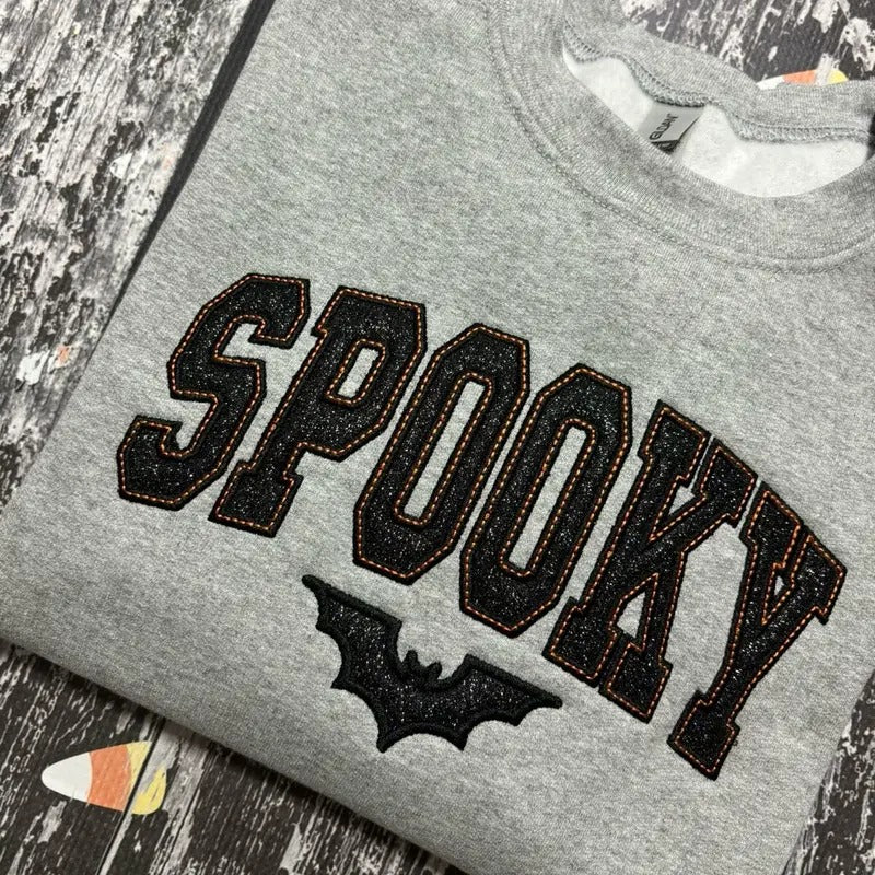 Spooky Bat Embroidered Glitter Crewneck Sweatshirt T-Shirts, Hoodie | TeeBloomCo.com