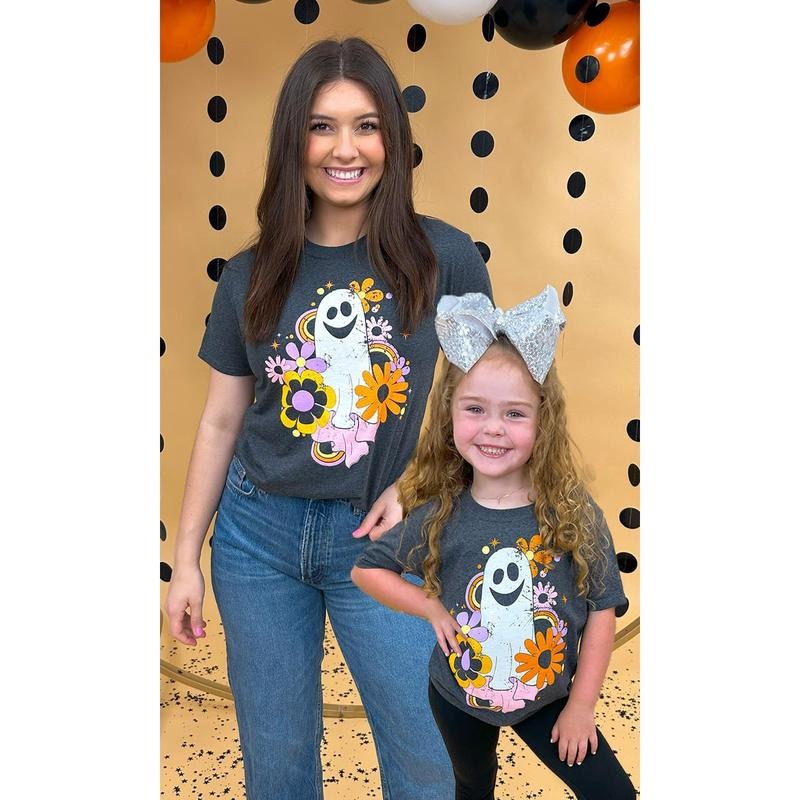 Spooky Groovy Vibes Graphic T-Shirt - Distressed Halloween Ghost Tee - Black Heather Hoodie, Sweatshirt | TeeBloomCo.com