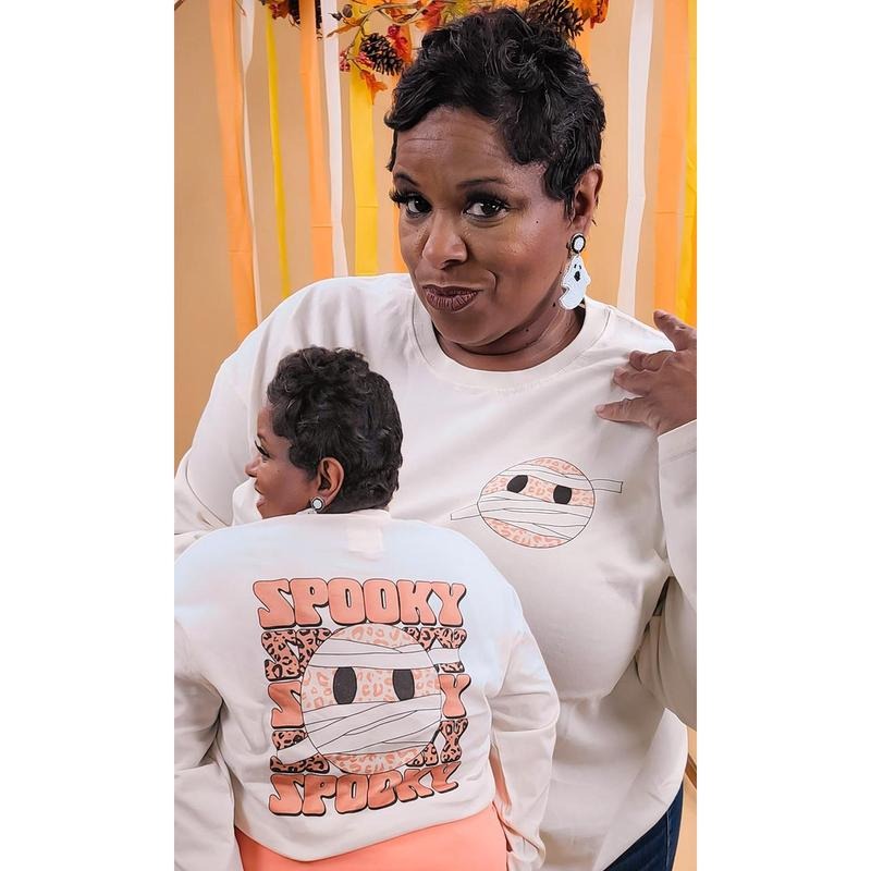 Spooky Leopard Smiley Graphic Boyfriend Long Sleeve T-Shirt Hoodie, Sweatshirt | TeeBloomCo.com