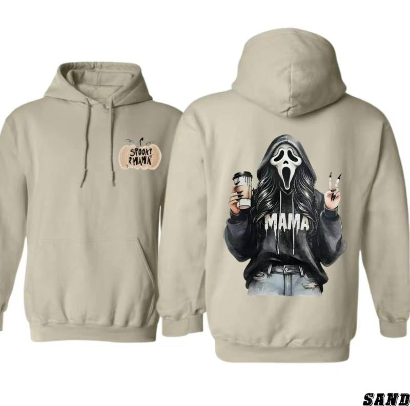Spooky Mama Halloween Hoodie Sweatshirt t-Shirt, Fun Ghost Face Girl Drinking Coffee Design, Halloween Mama Sweatshirt
