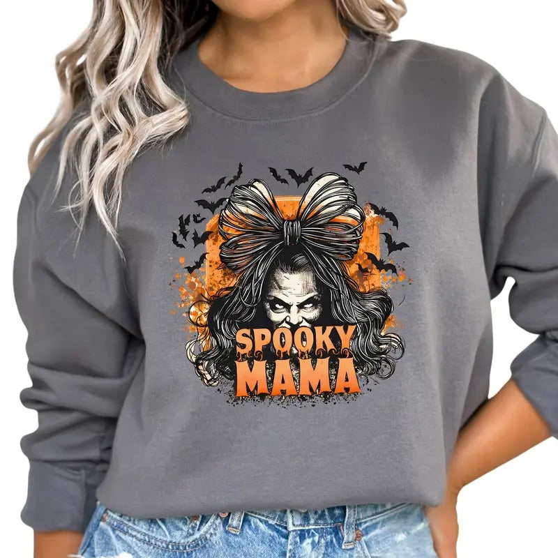Spooky Mama Halloween Sweatshirt, Scary Halloween Pullover, Womenswear Casual Long Sleeves Soft, Crewneck Spooky...