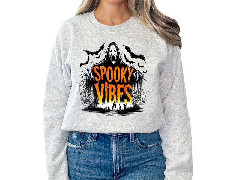 Spooky Vibes Horror Movie Halloween Sweatshirt or Hoodie, Halloween Hoodie for Women, Long Sleeve Crewneck Sweatshirt,...