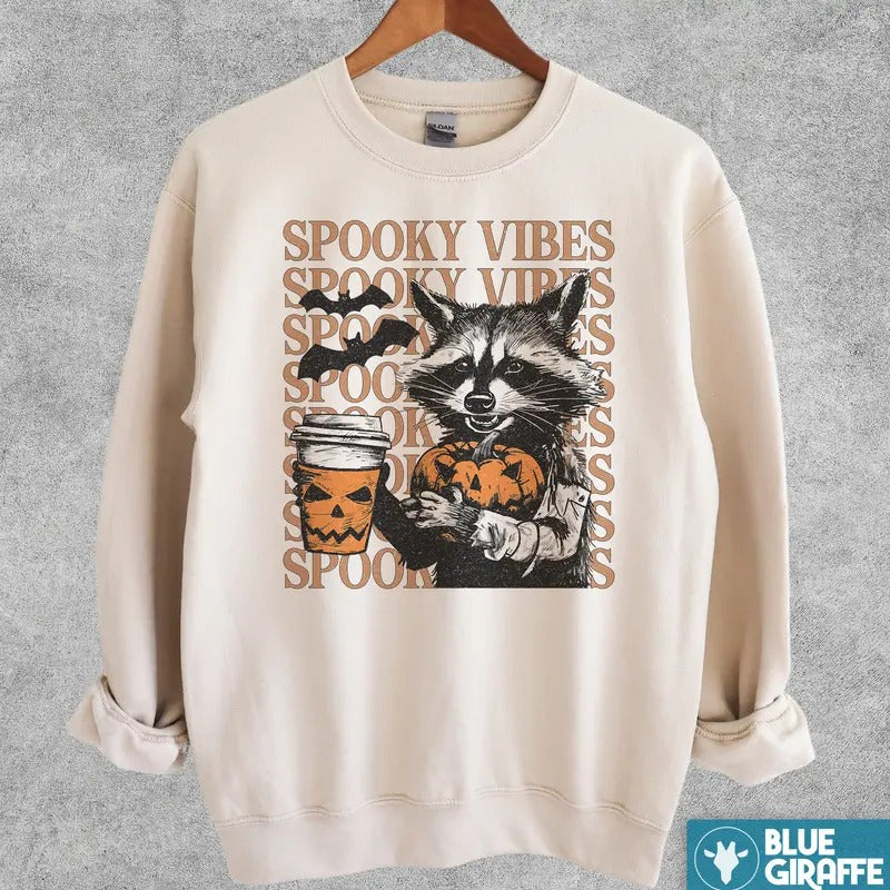 Spooky Vibes Sweatshirt, Raccoon Crewneck Sweatshirt T-Shirts, Hoodie | TeeBloomCo.com