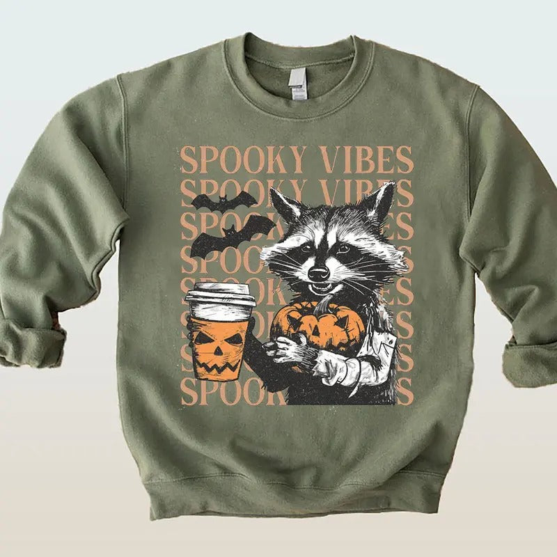 Spooky Vibes Sweatshirt, Spooky Season Sweater, Retro Halloween Shirt, Funny Raccoon Shirt, Halloween Funny Shirt,...