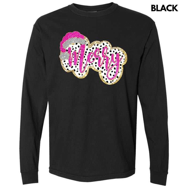 Spotted Faux Glitter MERRY Long Sleeve Comfort Colors T-Shirt 'NLB' Hoodie, Sweatshirt | TeeBloomCo.com