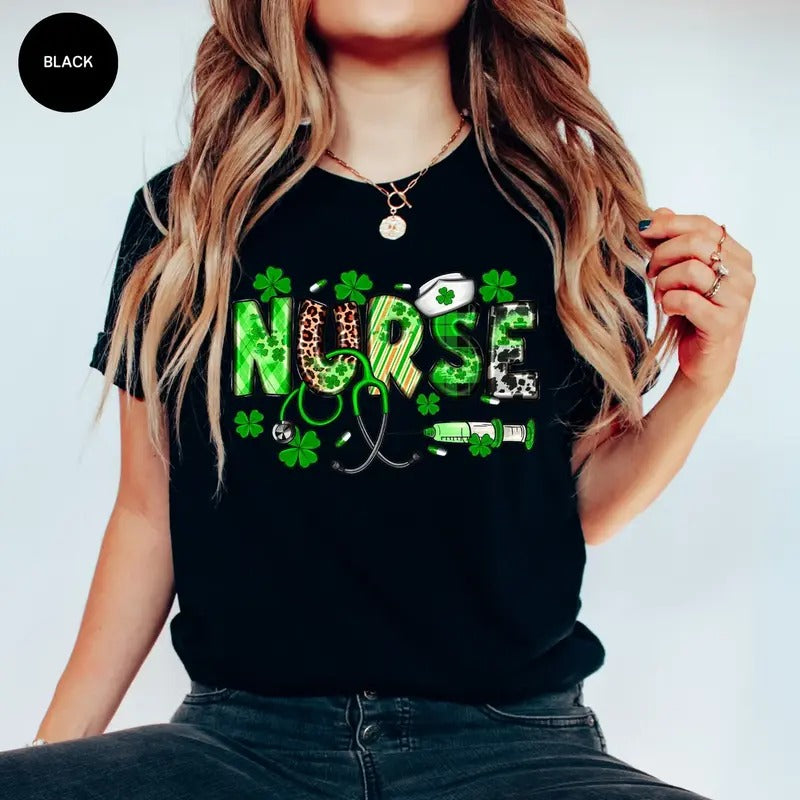 St. Patrick's Day Nurse Leopard Shamrock Shirt, St Patricks Day TShirt for Nurse, Lucky Irish Women T Shirt Nurse, Gift...