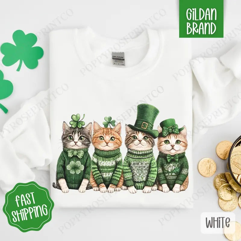 St Patrick Cats Sweatshirt, St Patrick's Day Crewneck, Cute Women's Sweater T-Shirts, Hoodie | TeeBloomCo.com