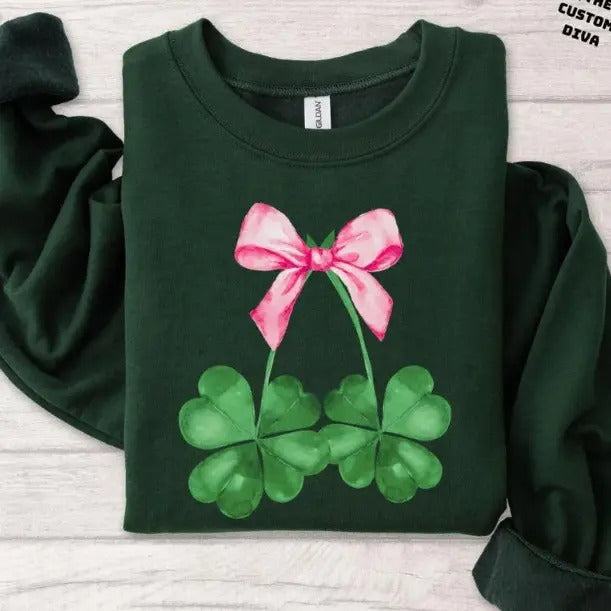St Patrick Day Coquette Bow Sweatshirt, St Patrick Shirt, Lucky Shamrock Sweatshirt, Happy Irish Sweatshirt, Trendy Irish...