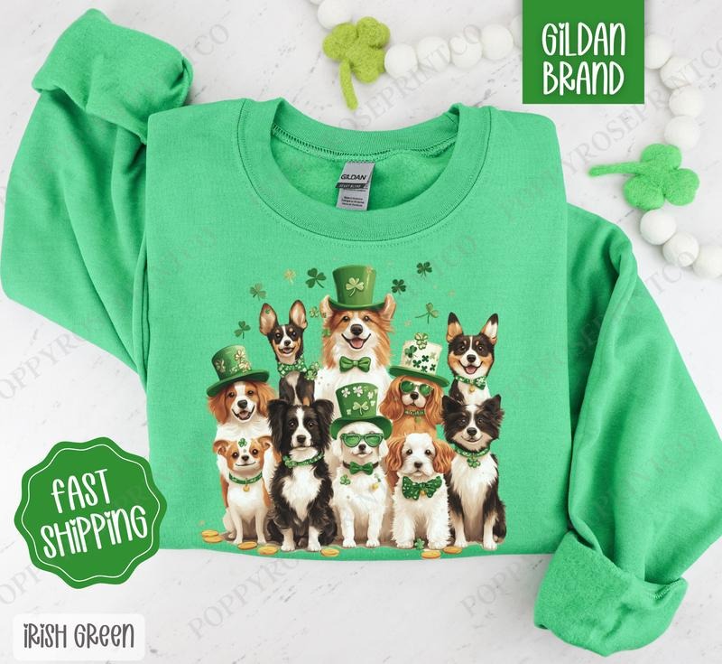 St Patrick Dogs Sweatshirt, St Patrick's Day Dog Crewneck, Cute Women's Sweater T-Shirts, Hoodie | TeeBloomCo.com