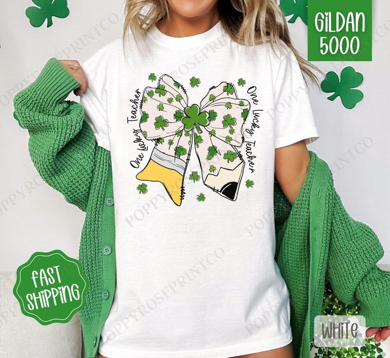 St Patrick Teacher Bow Shirt Gildan, St Patrick's Day Women's Tee, Cute Women's Tshirt Plus Sizes Hoodie, Sweatshirt