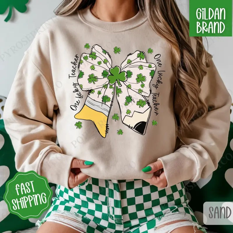 St Patrick Teacher Bow Sweatshirt, St Patrick's Day Crewneck, Cute Women's Sweater T-Shirts, Hoodie | TeeBloomCo.com