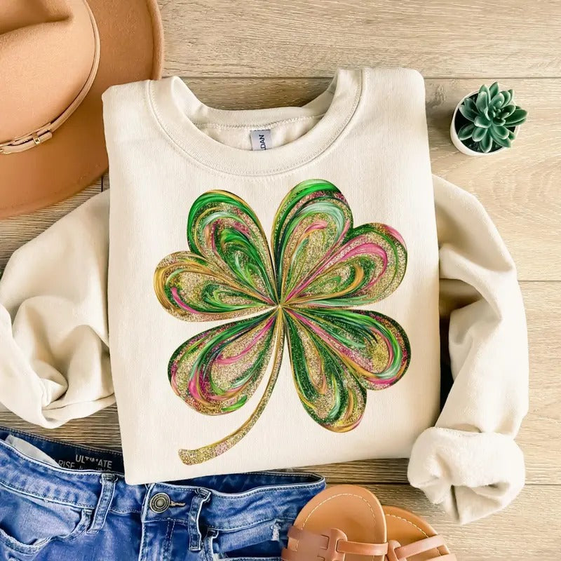 St Patrick's Day Glitter Shamrock Four Leaf Clover St Patty's Day Sequin Style Shirt Dtf Transfer For Crafts Hoodie,...