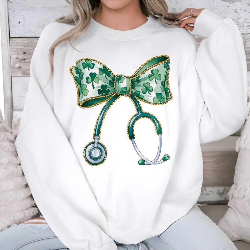 St Patricks Day Nurse Sweatshirt, Nurse Coquette Bow Shirt, Bow Stethoscope St. Patricks Day Shirt, St Patricks Day Nurse...