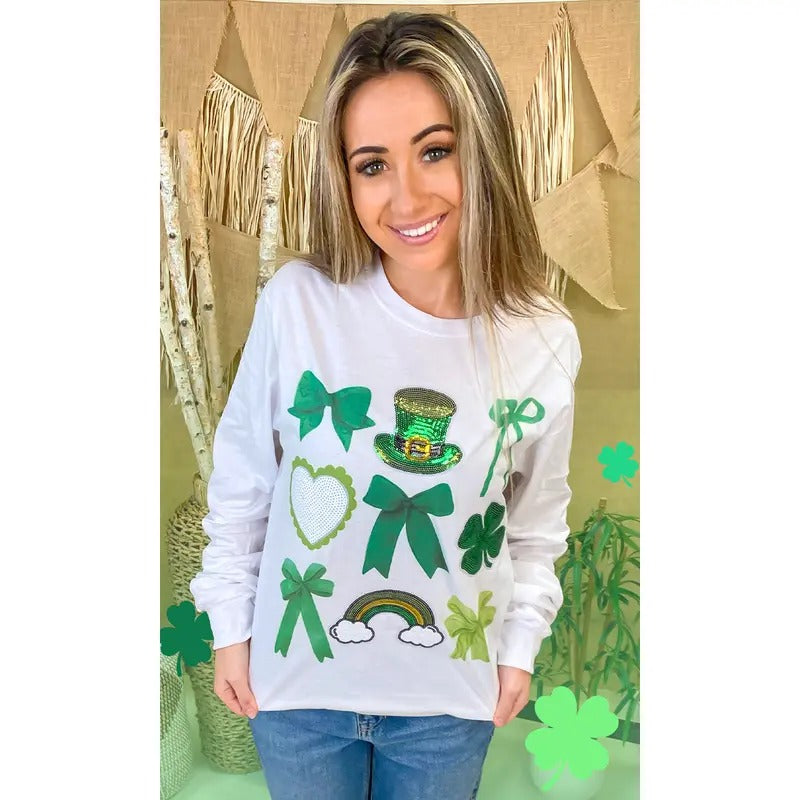St Patricks Day Sequin Bows Graphic Long Sleeve T-Shirt Hoodie, Sweatshirt | TeeBloomCo.com