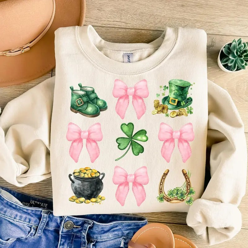 St. Patrick's Day Coquette Sweatshirt, Lucky Shamrock St. Patty's Day T-Shirt, Coquette Bow Crewneck, Irish Lucky...