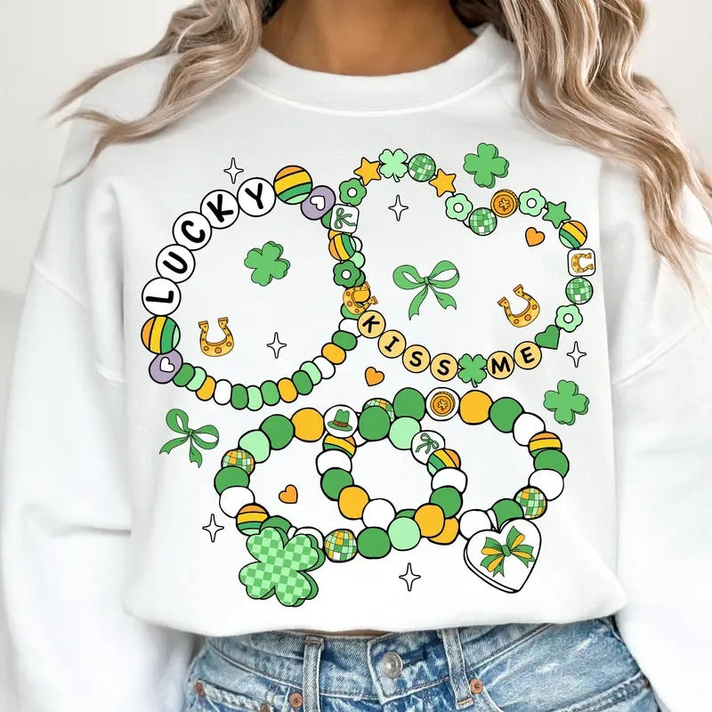 St.Patricks Day Friendship Bracelet Sweatshirt, St.Patricks Day Coquette Shirt, Lucky Shamrock Shirt Hoodie | TeeBloomCo.com