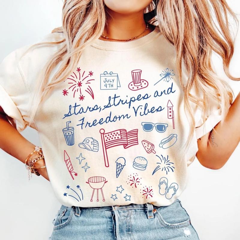 Stars Stripes And Freedom Vibes Shirt, Fourth Of July T-Shirt, Cute Doodle 4th Of July Shirt, Patriotic Sweatshirt,...