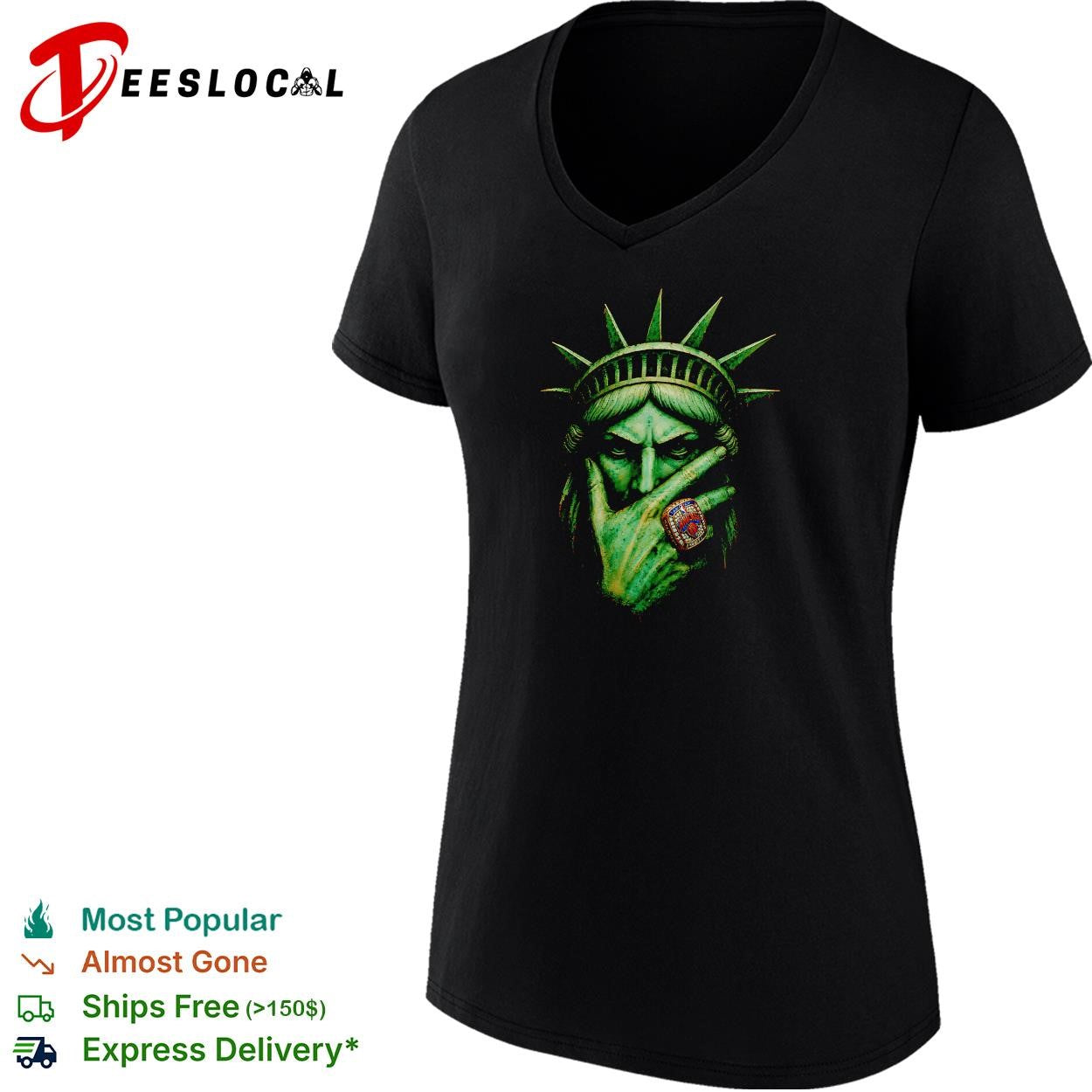 Statue of Liberty wearing championship ring dark gold portrait graphic shirt