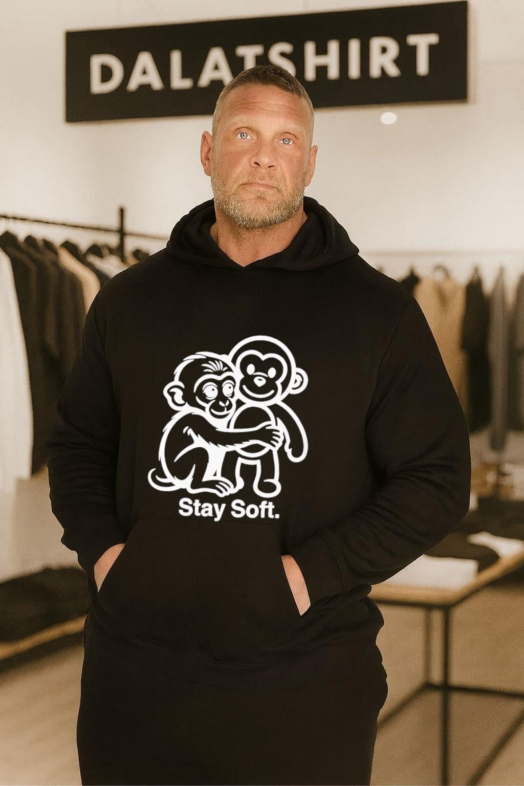Stay Soft monkey hugging monkey white line art shirt