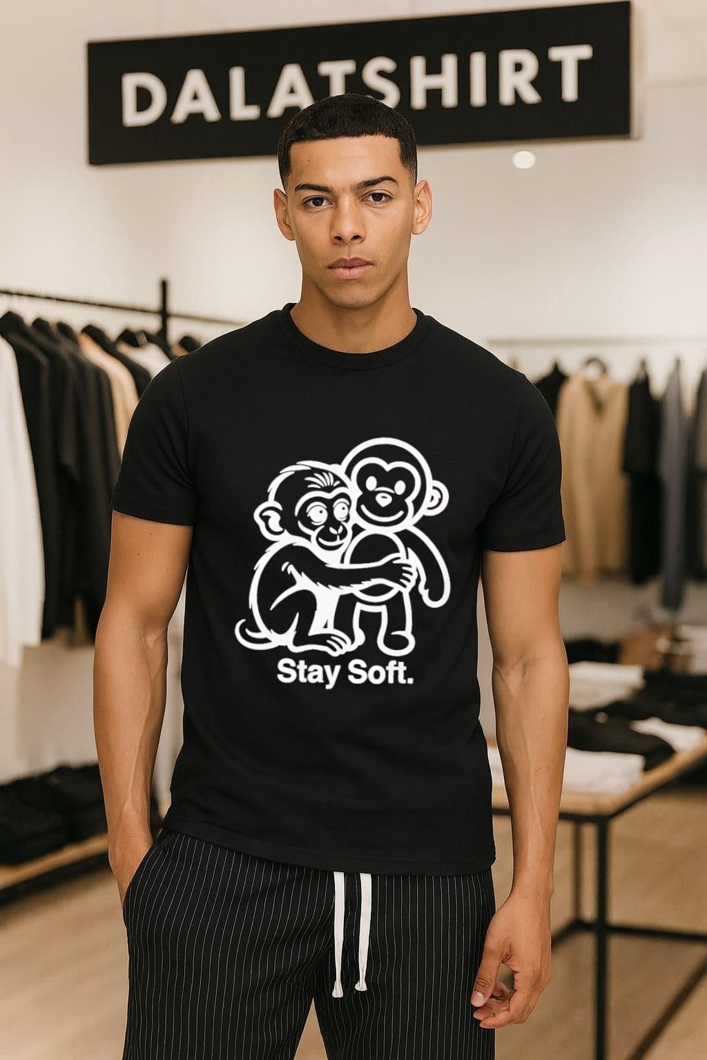 Stay Soft monkey hugging monkey white line art shirt