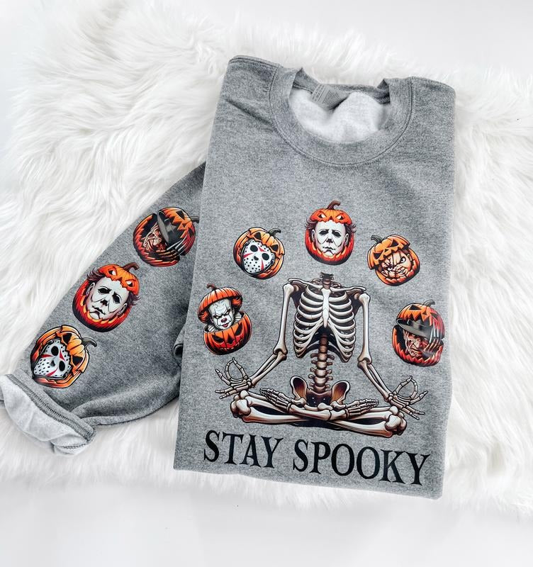 Stay Spooky Halloween Horror Skeleton Sweatshirt or Hoodie with sleeve prints Comfy Unisex Tops T-Shirts | TeeBloomCo.com