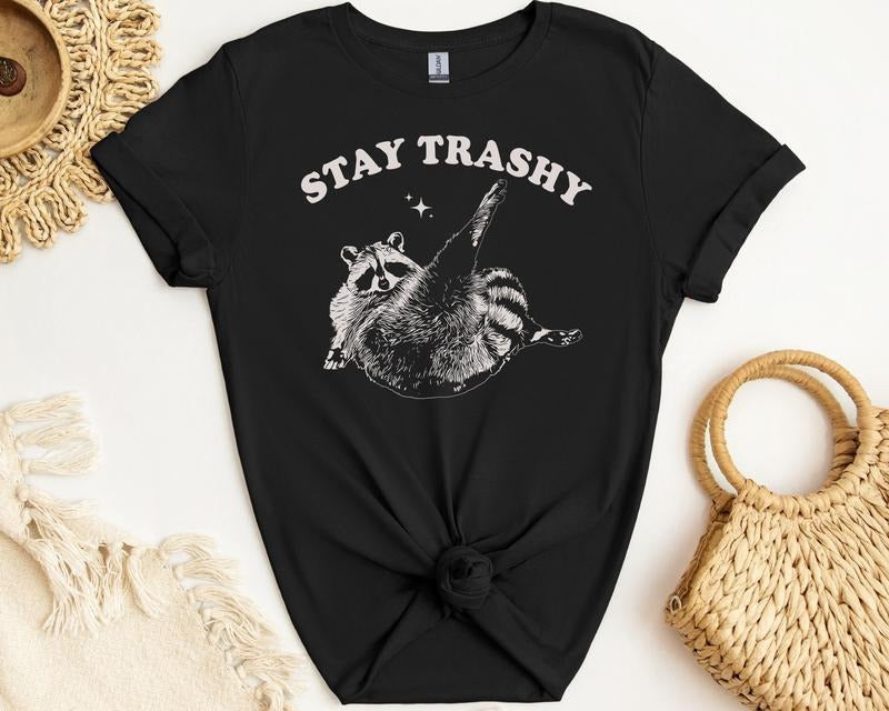 Stay Trash Funny Meme Graphic T-shirt Cute Raccoon Shirt Funny Animal Shirt Nostalgia T Shirt Relaxed Cotton Tees ...