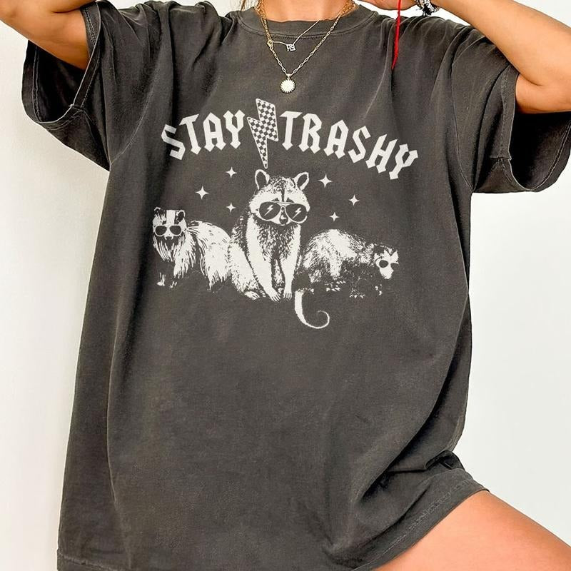Stay Trashy Raccoon Graphic T-Shirt, Retro Unisex Adult T Shirt, Vintage Raccoon T-Shirt, Nostalgia Shirt, Relaxed Cotton...