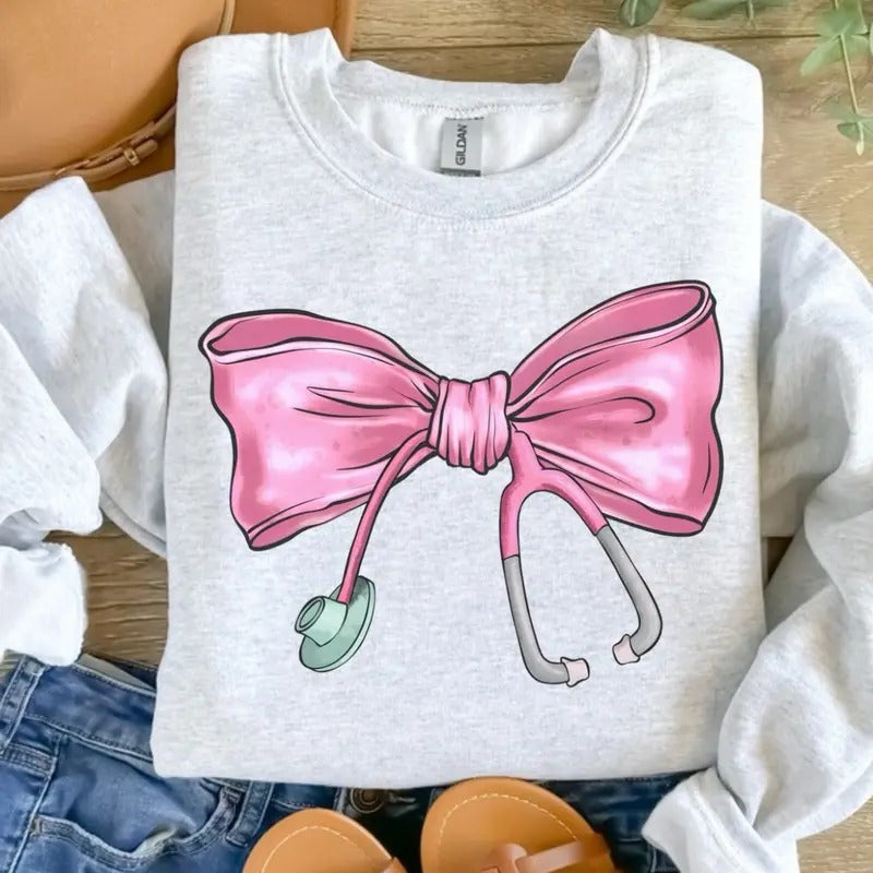 Stethoscope Bow Sweatshirt - Ash Grey - Sweatshirt T-Shirts, Hoodie | TeeBloomCo.com