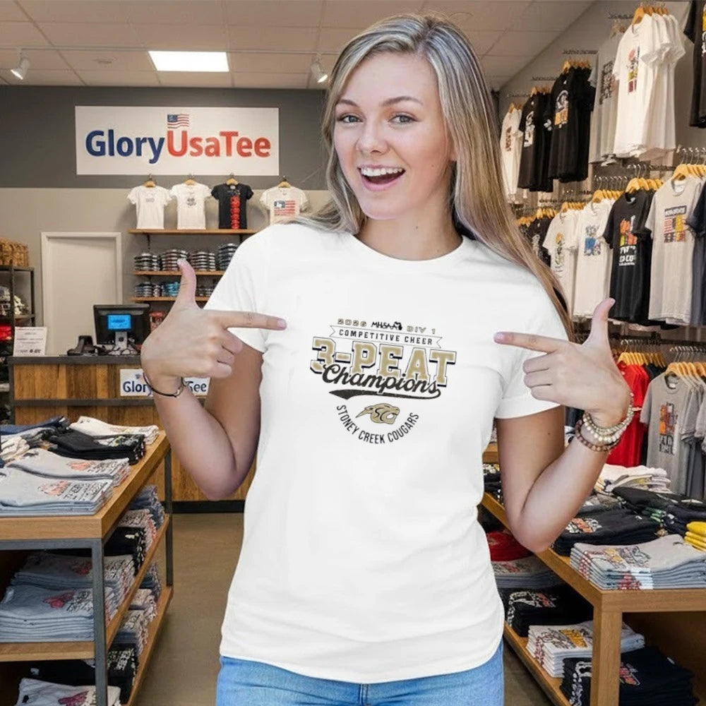 Stoney Creek Cougars 2026 MHSAA Cheer D1 3-Peat Champions logo shirt