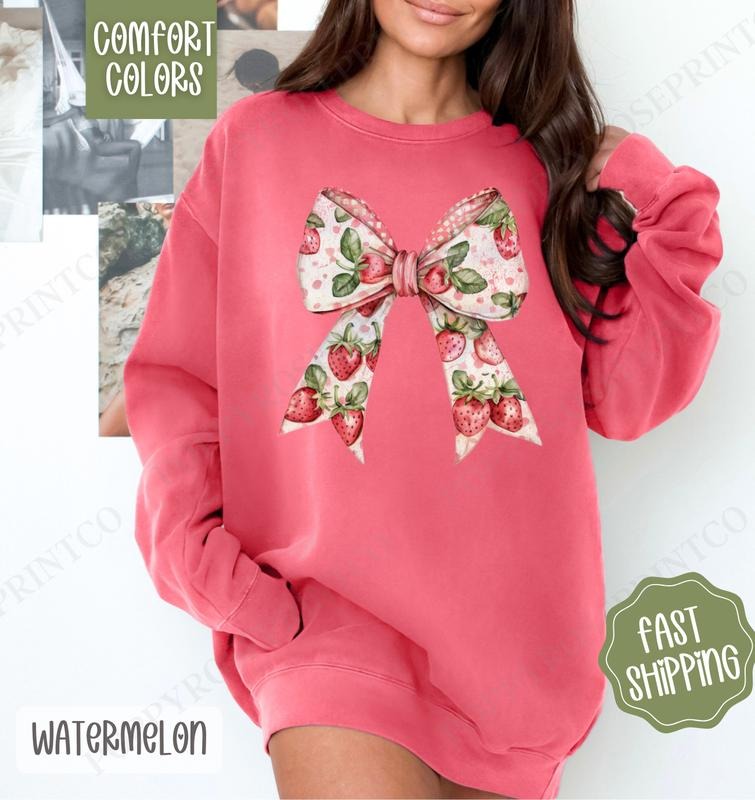 Strawberry Bow Comfort Colors Sweatshirt, Cute Fruit Sweater, Girly Aesthetic Crewneck T-Shirts, Hoodie | TeeBloomCo.com