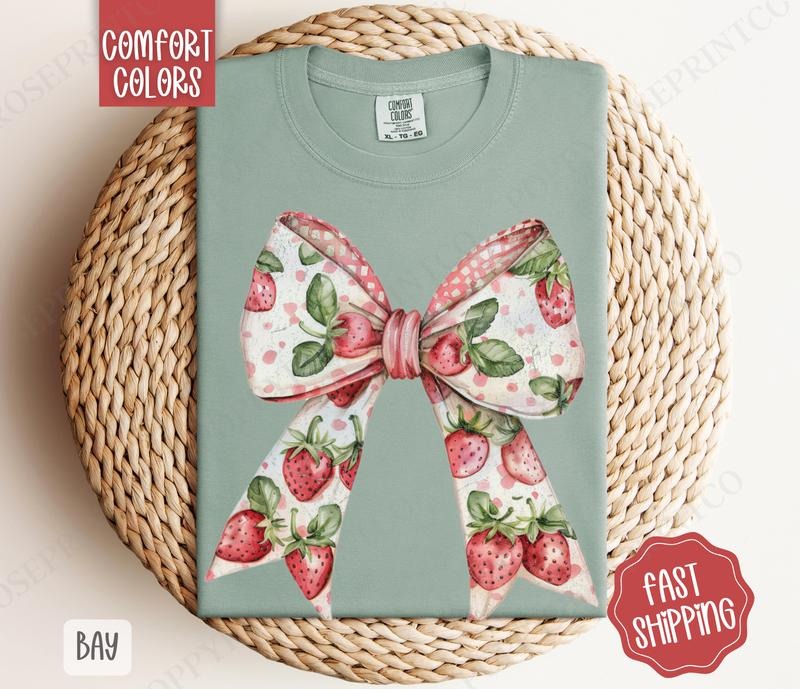 Strawberry Bow Comfort Colors Tshirt, Cute Fruit Tee, Girly Aesthetic Shirt Hoodie, Sweatshirt | TeeBloomCo.com