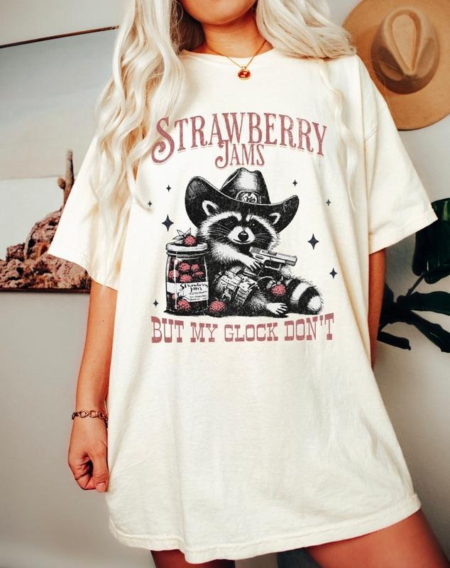 Strawberry Jams But My Glock Don't Funny Raccoon Shirt, Raccoon Meme Tee, Trendy Best Seller Gift for Women, Sarcastic...