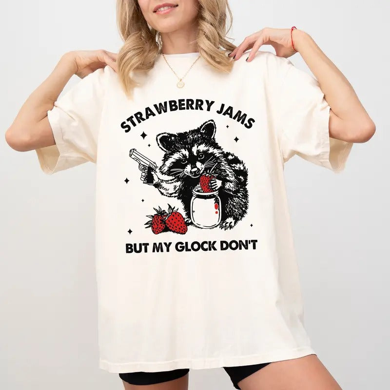 Strawberry Jams Shirt, Raccoon Meme Tee, Trash Panda Shirt, Funny Saying Graphic Printed Tee, Women's Tops, Womenswear,...