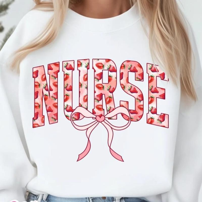 Strawberry Nurse Shirt, Nurse Trendy, Varsity Preppy Nurse Shirt, Nurse Strawberry Pattern Coquette Bow, Nursing Shirts,...