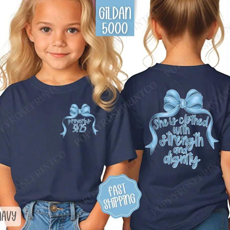 Strength and Dignity Kids Shirt, Coquette Bow Children's Shirt, Religious Youth Tee Gildan Hoodie, Sweatshirt