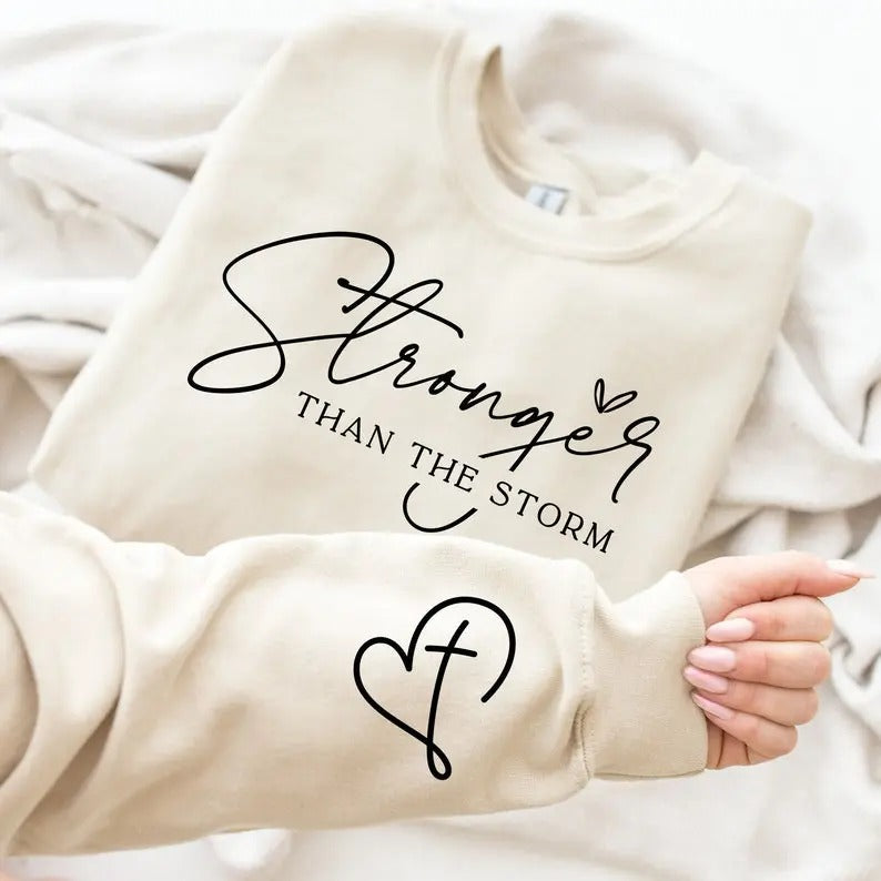 Stronger Than The Storm Sweatshirt, Boho Self Care T-Shirt, Inspirational Women Sweater, Christian Sweatshirt, Bible...