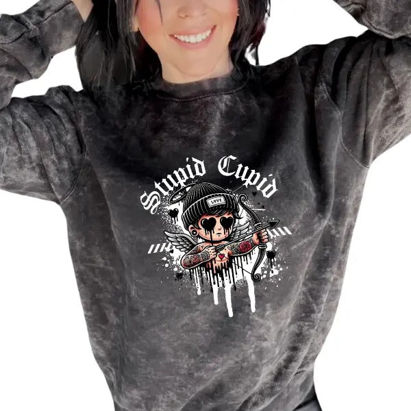 'Stupid Cupid' Mineral Wash Crewneck Sweatshirt, T Shirt, or Hoodie Aesthetic Pullover | Punk Rocker Style | TeeBloomCo.com