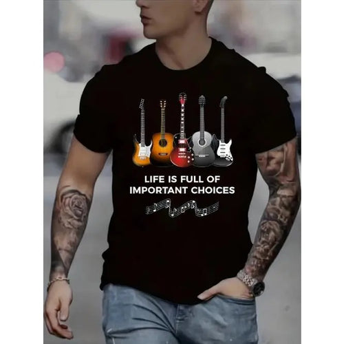Stylish 3D Guitar Print T-Shirt - Vibrant Digital Music Note Pattern, Short Sleeve, Crew Neck, Chic Summer Tees for Men