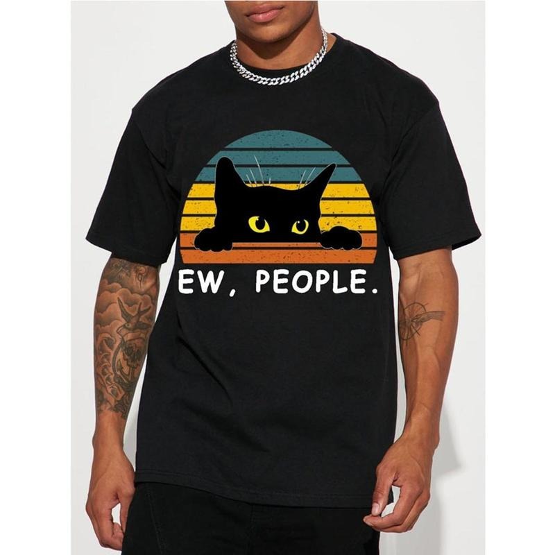 Stylish Black Cat Graphic Tee - Men's Casual Short Sleeve Crew Neck T-Shirts for Summer Holiday Gift
