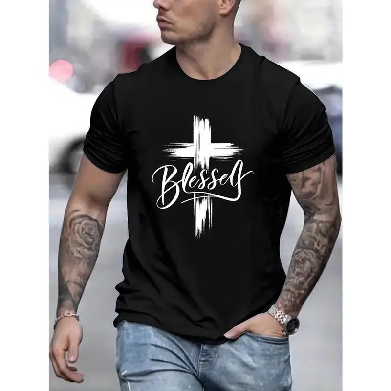 Stylish Blessed Graphic Print Tee Shirt - Men's Casual Short Sleeve Summer T-Shirts with Comfortable Fabric and Relaxed...