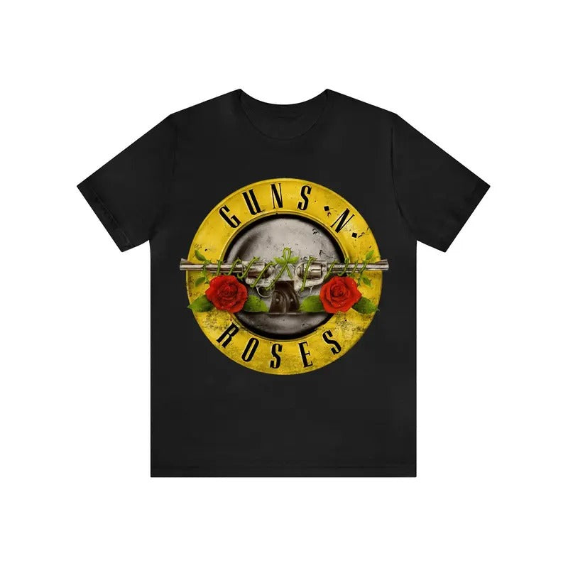 Stylish GUN & ROSES Pattern Crew Neck Short Sleeve T-Shirt - Soft Cotton, Slight Stretch, Regular Fit, Machine Washable