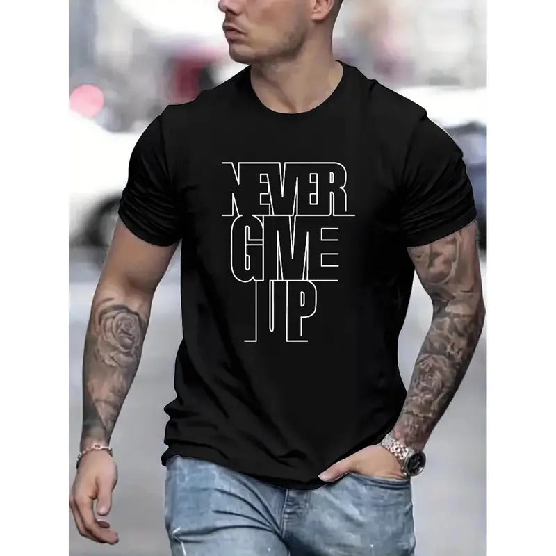Summer Vibes Never Give Up Graphic Print Crew Neck Short Sleeve T-Shirt for Men - Medium Stretch Polyester Fabric,...