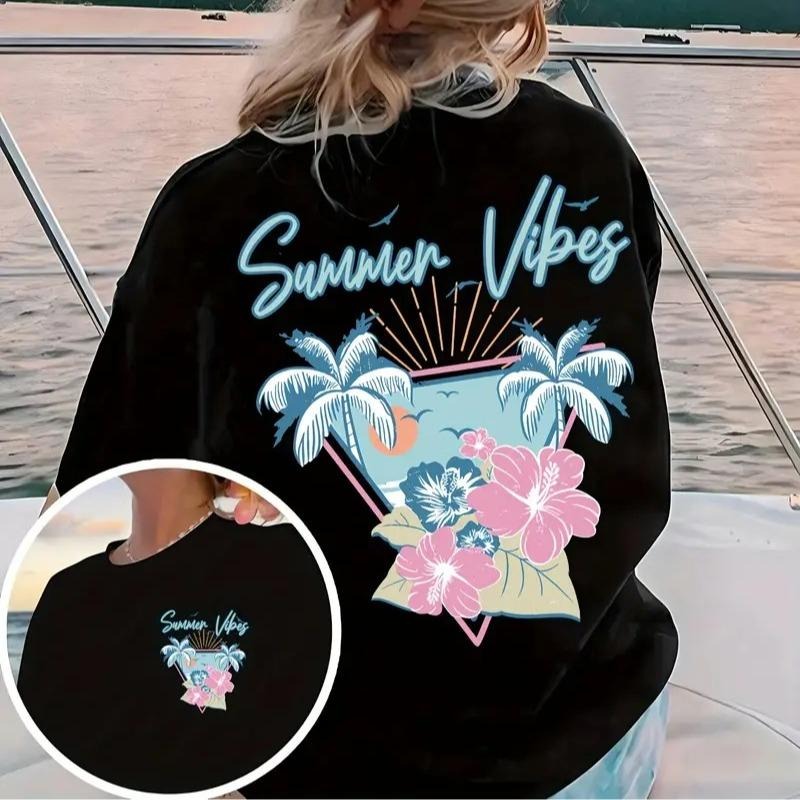 [Summer Vibes Print Tee] Summer Vibes Print Drop Shoulder T-shirt - Short Sleeve Crew Neck Casual Top