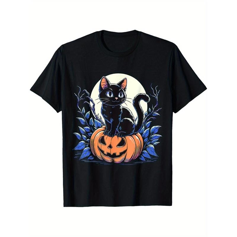 Halloween Cat Fun Autumn Pumpkin Cat Lover Cute T-shirt Halloween Ghost Print T-shirt Casual crew neck Short sleeve...