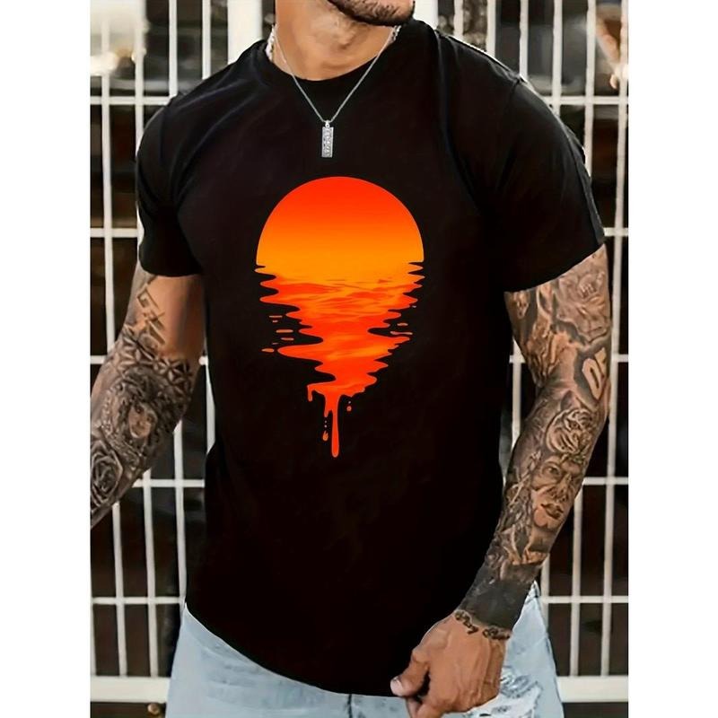 Sunset graphic print T-shirt men's casual style summer and autumn slightly elastic round neck T-shirt Made in USA Hoodie,...